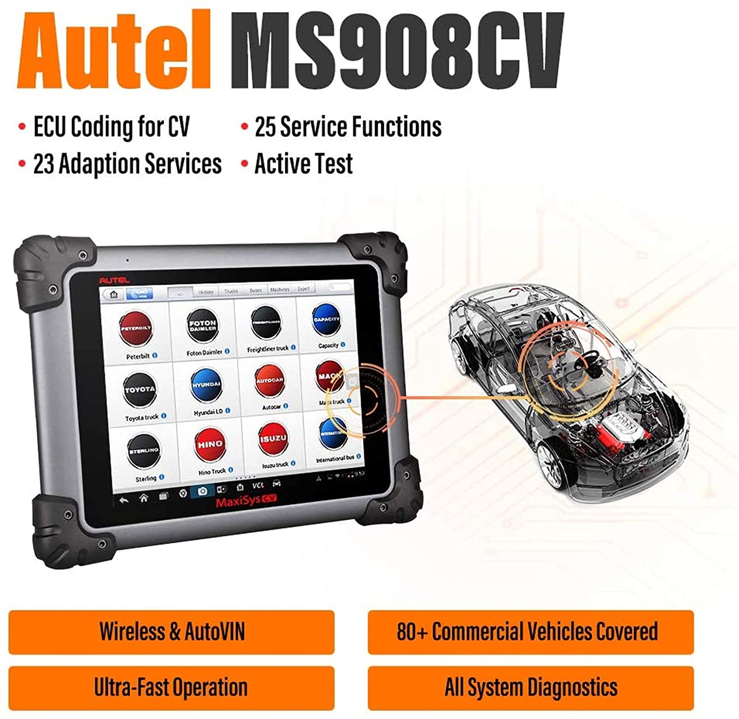 Autel USA MS909CV MaxiSYS Heavy Duty Scan Tool Kit / Diagnostic Tablet, USA  Version